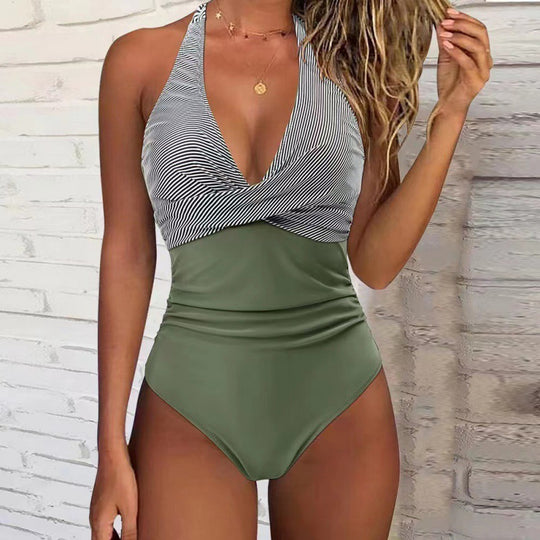 Damen Einteiler-Badeanzug mit tiefem V-Ausschnitt und Blumenmuster EB