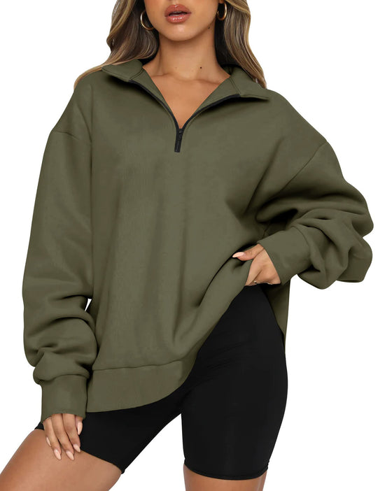 Damen Sportlicher Oversized Pullover mit Reißverschluss und seitlichem Schlitz EB
