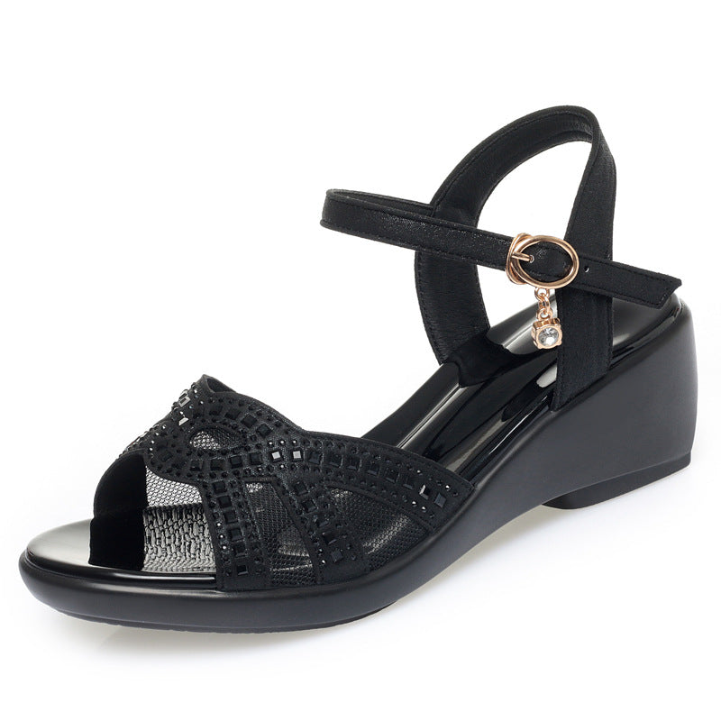 Damen Wedge-Sandaletten mit modischen Strassverzierungen und verstellbarem Riemen EB