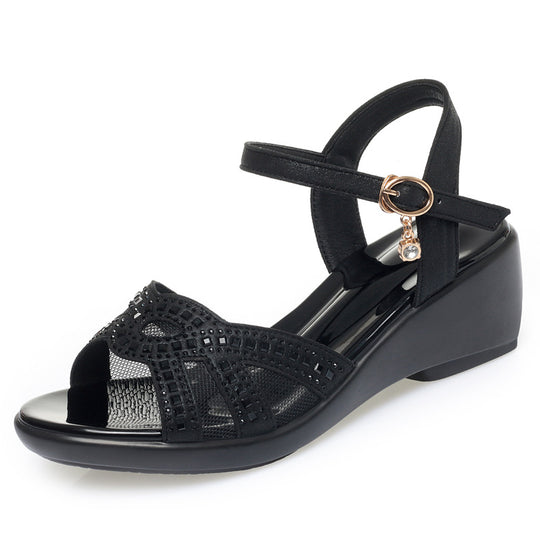 Damen Wedge-Sandaletten mit modischen Strassverzierungen und verstellbarem Riemen EB
