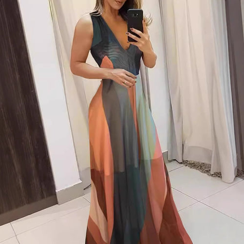 Damen Langes Maxikleid mit tiefem V-Ausschnitt und fließendem Schnitt EB