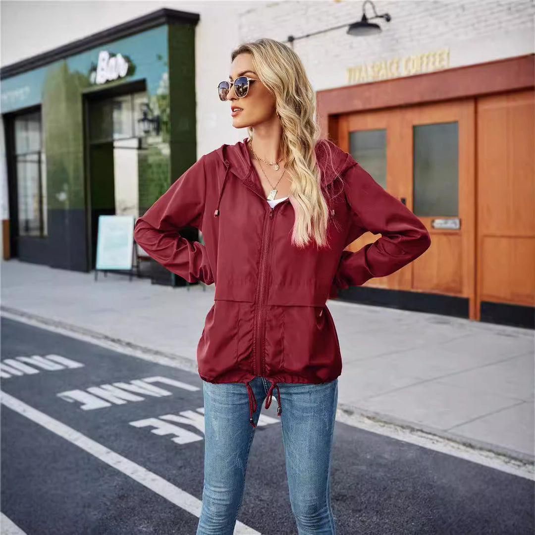 Damen leichte und atmungsaktive Windbreaker-Jacke mit verstellbarem Kapuzenkragen EB