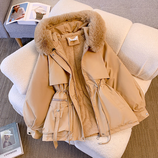 Damen modische Winterjacke mit abnehmbarem Kunstfellkragen und praktischen Taschen EB