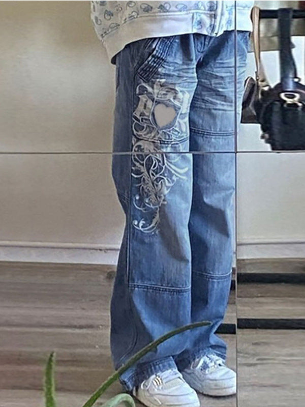 Damen Weit geschnittene Jeans mit einzigartigem Design und prominentem Druck EB