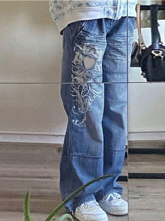 Damen Weit geschnittene Jeans mit einzigartigem Design und prominentem Druck EB