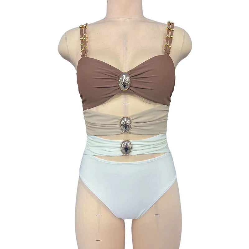 Damen Eleganter Bandeau-Einteiler Badeanzug mit modischem Ringdetail EB