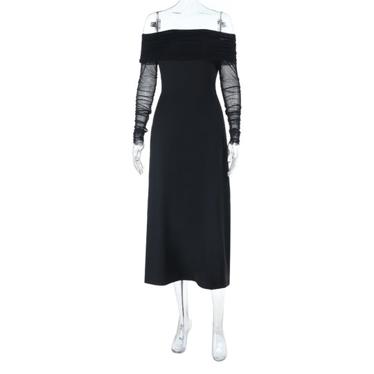 Damen elegantes schulterfreies Midikleid mit Rüschendetails und transparenten Ärmeln EB