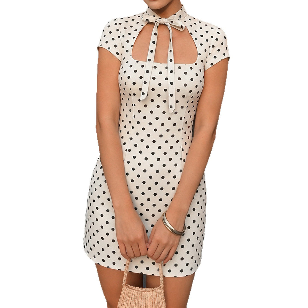 Damen Polka-Dots Minikleid mit modernem Kragen und verspieltem Schleifendetail EB
