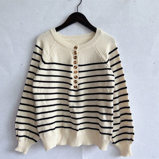 Damen gestreifter Strickpullover mit Knopfdetails und lässigem Schnitt EB