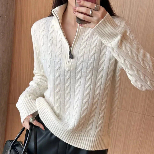 Herren eleganter Strickpullover mit halbem Reißverschluss und Zopfstrickmuster EB