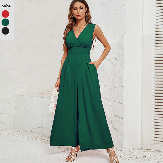 Damen Jumpsuit mit V-Ausschnitt und weitem Bein EB