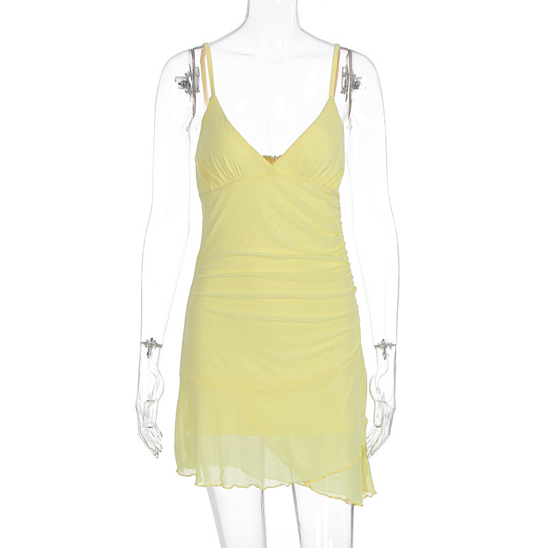 Damen lässiges Strandkleid mit Raffungen und Spaghettiträgern EB