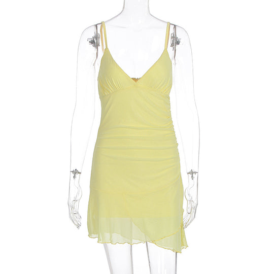 Damen lässiges Strandkleid mit Raffungen und Spaghettiträgern EB