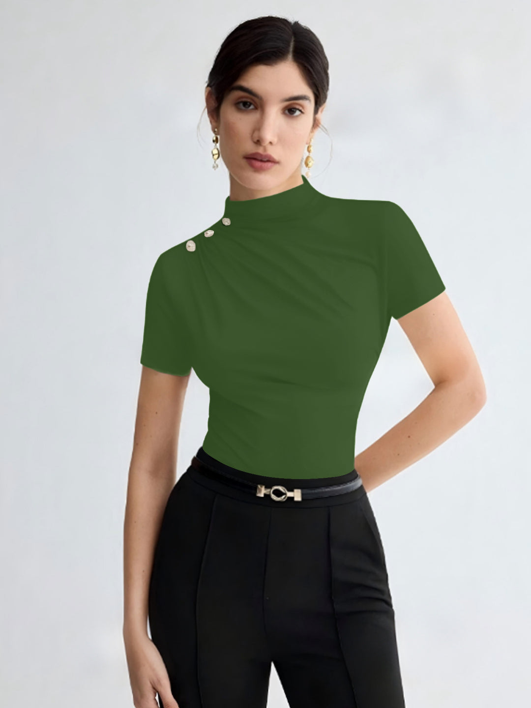 Damen elegantes Oberteil mit dekorativen Knopfdetails und modernem Stehkragen EB