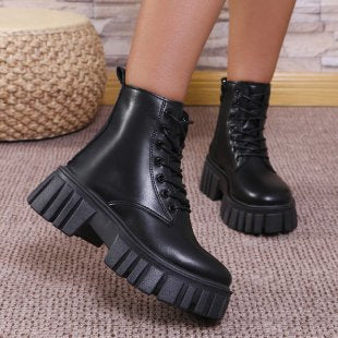 Damen robuste Chunky Stiefel mit hohem Plateausohle und schnürbarem Design EB