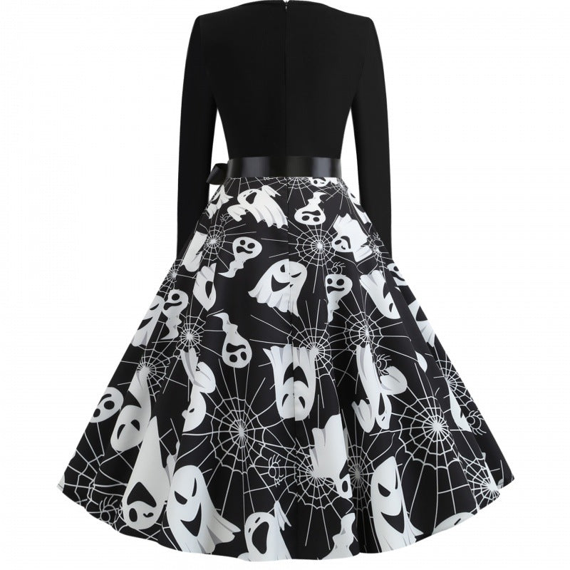 Damen Swingkleid mit wellenförmigem Ausschnitt, langärmligem Oberteil und Geister-Print mit Taillenschleife EB