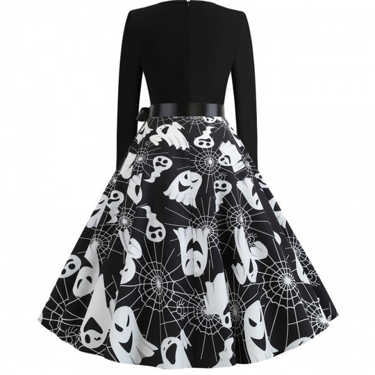 Damen Swingkleid mit wellenförmigem Ausschnitt, langärmligem Oberteil und Geister-Print mit Taillenschleife EB