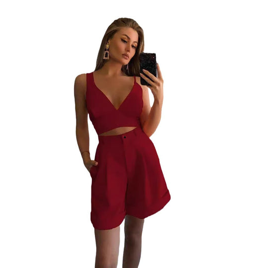 Damen trendiges Zweiteiler-Set mit tiefem V-Ausschnitt und weiten Shorts EB