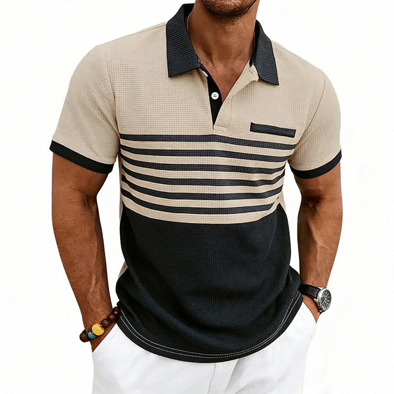 Herren nan Jacquard-Polo mit Blockstreifen, Brustblende und Baumwollmix EB