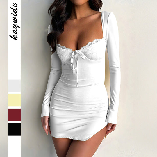 Damen nan figurbetontes Minikleid mit Spitzen-Bustier, integrierten Bügeln und langem Arm EB