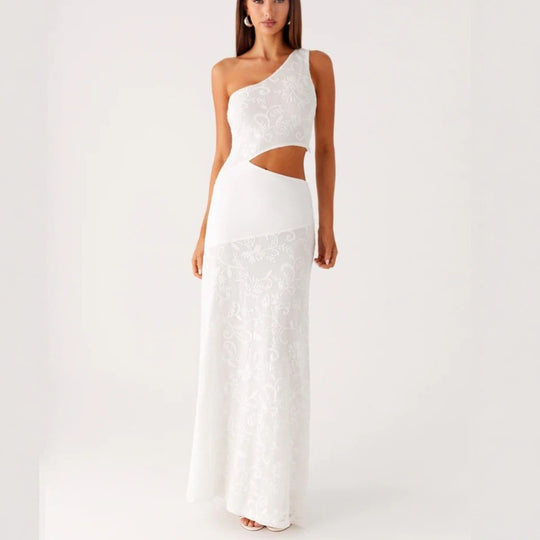 Damen Elegantes Maxikleid mit asymmetrischem Schnitt und floralem Spitzenbesatz EB