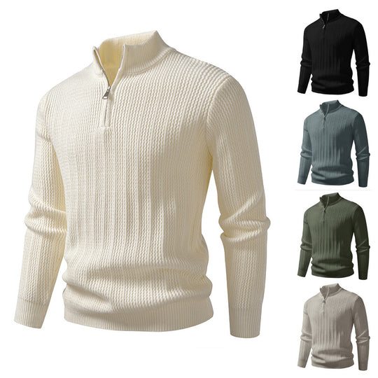 Herren nan feinstrukturierter Halbzip-Pullover mit Stehkragen, geripptem Strukturstrick und schmaler Passform EB