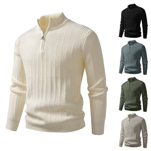 Herren nan feinstrukturierter Halbzip-Pullover mit Stehkragen, geripptem Strukturstrick und schmaler Passform EB