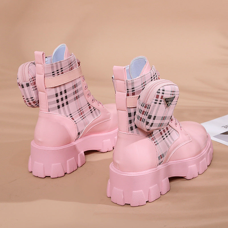 Damen modische Schnürstiefel mit seitlicher Tasche und blockartigem Absatz EB