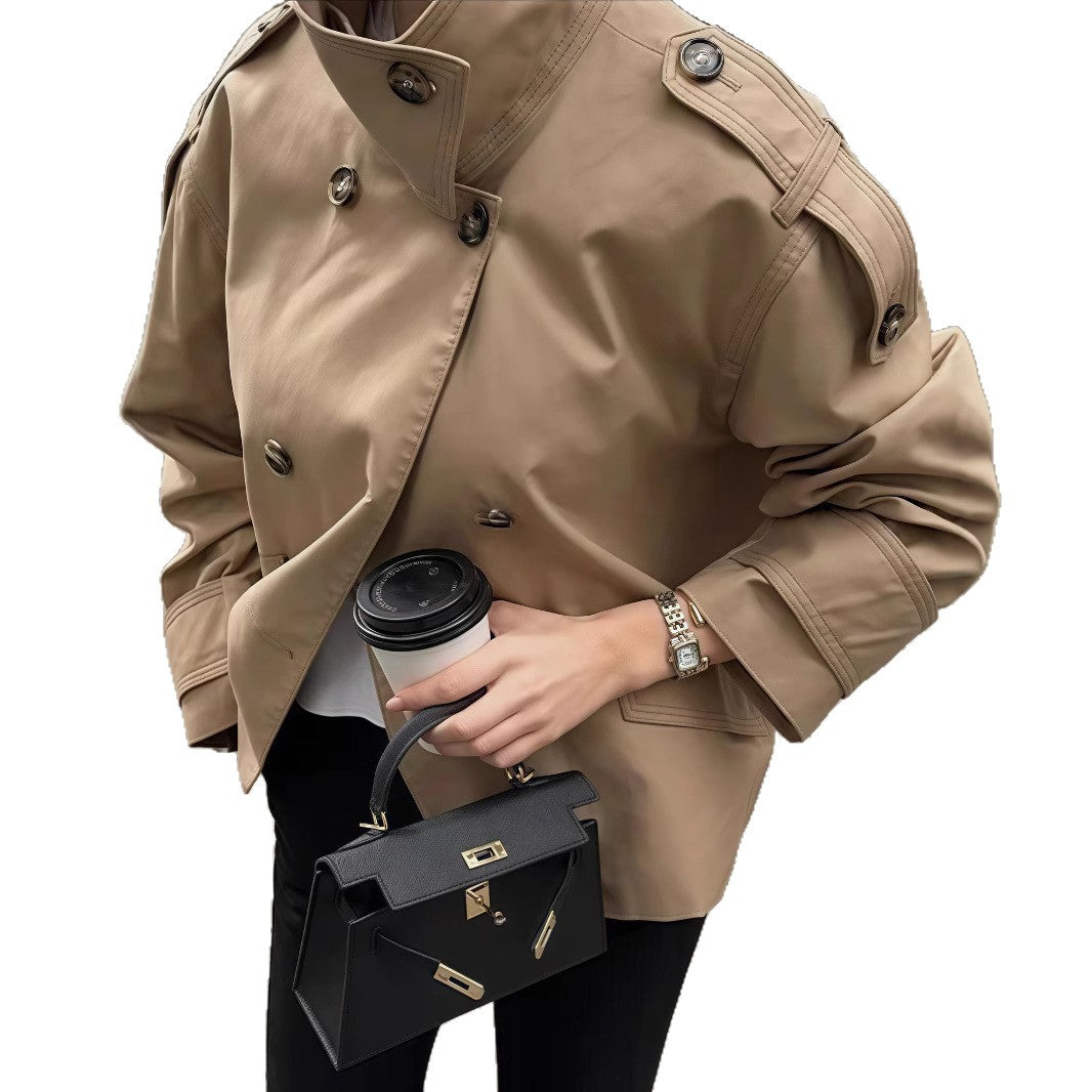 Damen modische Doppelreiher-Jacke mit hohem Kragen und strukturiertem Design EB