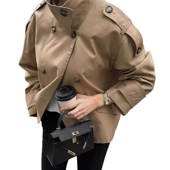 Damen modische Doppelreiher-Jacke mit hohem Kragen und strukturiertem Design EB