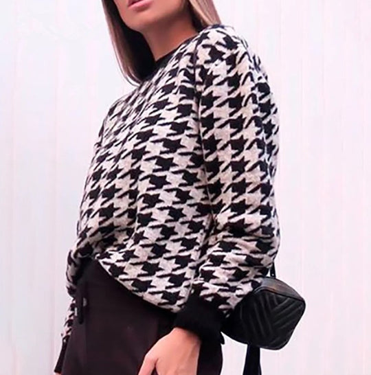 Damen Grobstrickpullover mit modernem Hahnentrittmuster und lässigem Schnitt EB