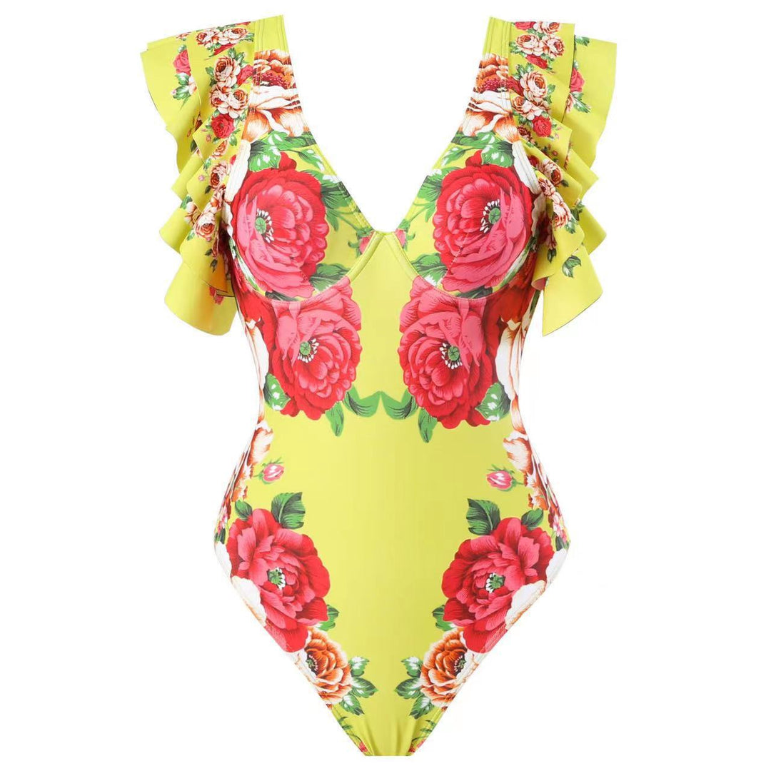 Damen Badeanzug-Set mit voluminösem Rüschendesign und floralem Wickelrock EB