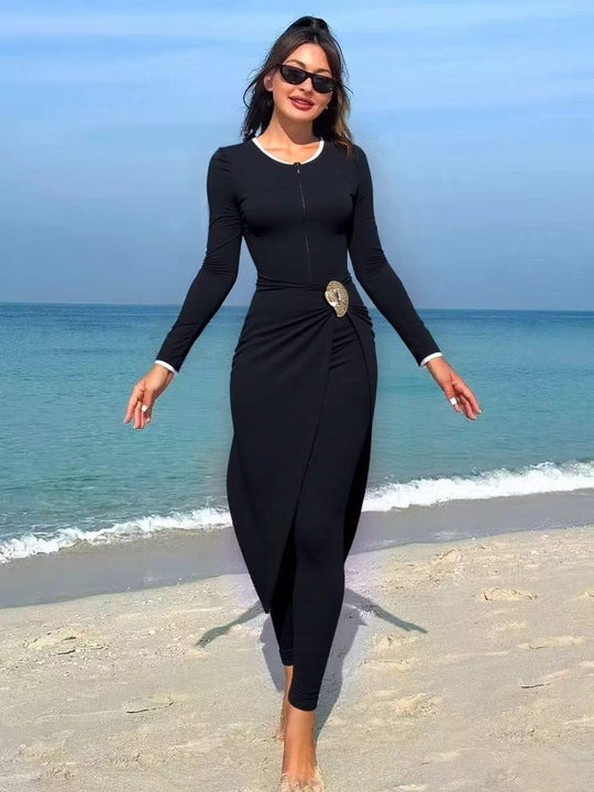 Damen modisches Wickelkleid mit elegantem Gürtel EB