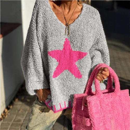 Damen Strickpullover mit V-Ausschnitt und auffälligem Sternenmuster EB