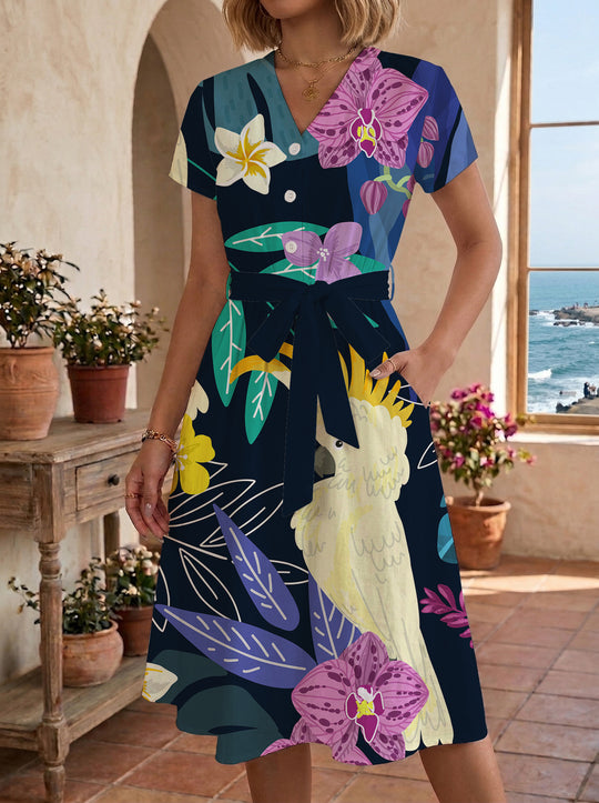 Damen Midi-Kleid mit floralem Design und bequemer Passform EB