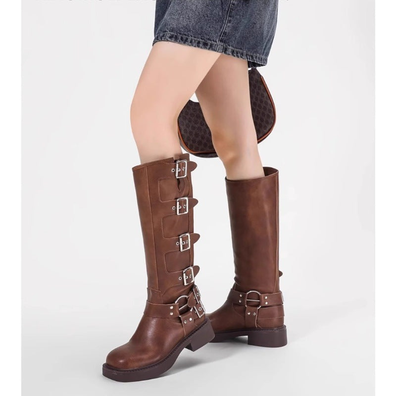 Damen Stiefel mit modischen Schnallen und robustem Blockabsatz EB