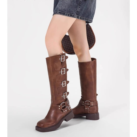 Damen Stiefel mit modischen Schnallen und robustem Blockabsatz EB