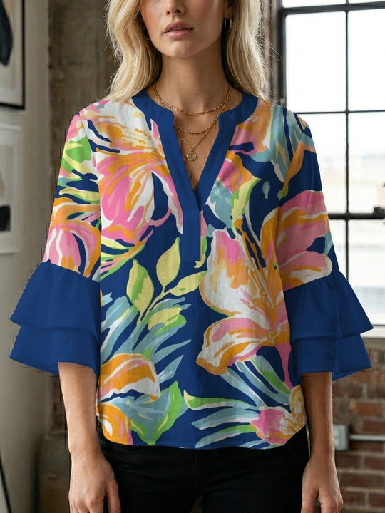 Damen Blusenshirt mit voluminösen Ärmeln und floralem Muster EB