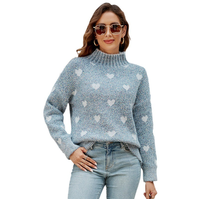Damen modischer Strickpullover mit Herzmotiv und hohem Kragen EB