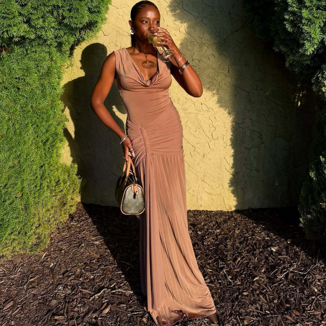 Damen Maxikleid mit eleganter Drapierung und schickem V-Ausschnitt EB