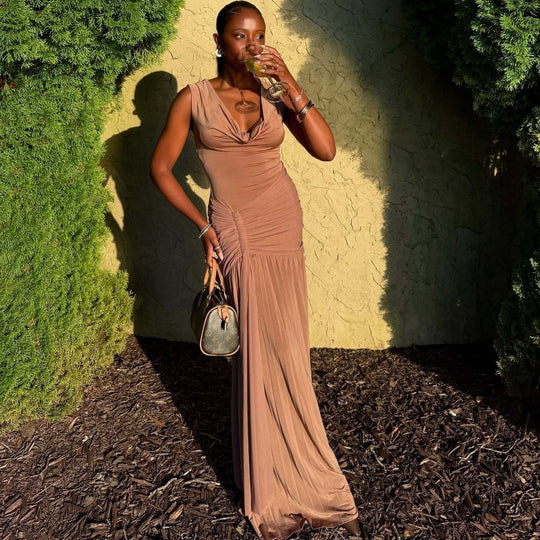 Damen Maxikleid mit eleganter Drapierung und schickem V-Ausschnitt EB