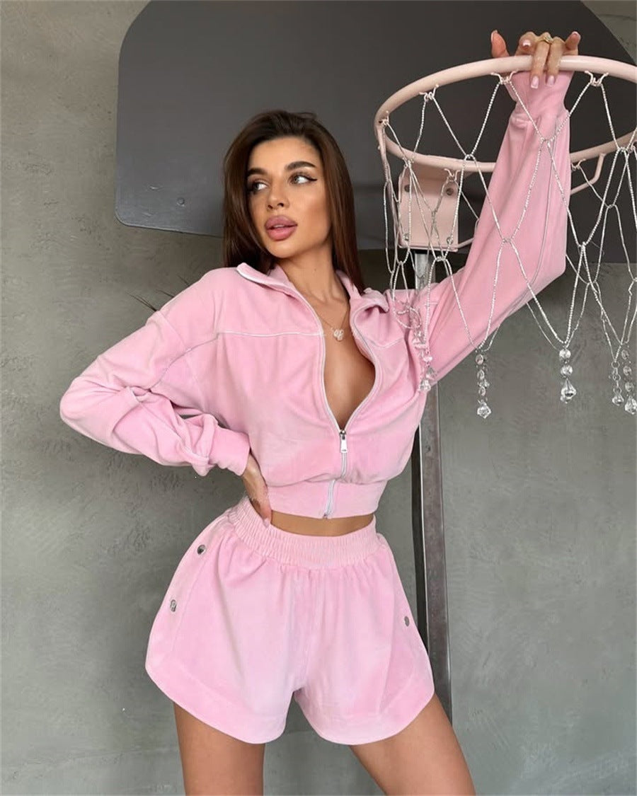 Damen nan kurzes Velours-Lounge-Set mit Cropped Zip-Hoodie und elastischer Highwaist-Shorts EB