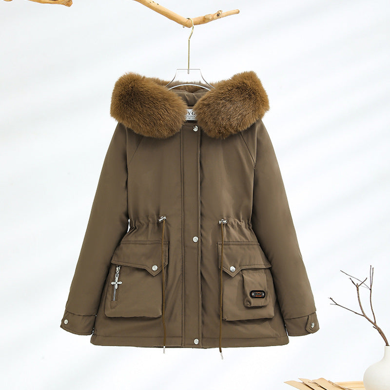 Damen nan kurzer Thermo-Parka mit voluminösem Schalkragen in Webpelzoptik und taillierendem Tunnelzug EB