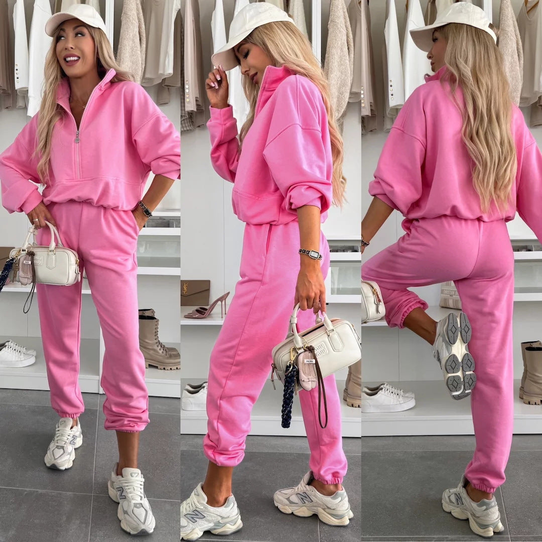 Damen Kuscheliges Freizeit-Set mit Kurzreißverschluss, hohem Kragen und Joggerhose EB