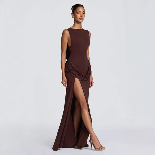 Damen Elegantes Maxikleid mit raffinierter Drapierung und hoch schlitzendem Design EB
