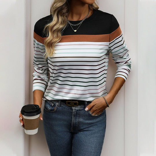 Damen gestreiftes Langarmshirt mit modischem Farbblockdesign EB