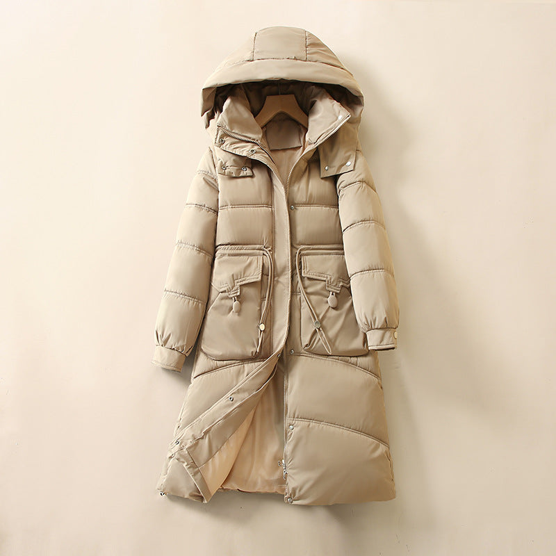 Damen Lange, warme Pufferjacke mit praktischen Taschen und Kapuze EB