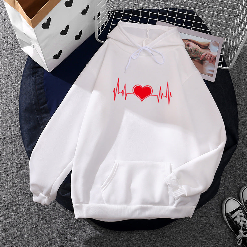 Unisex nan oversized Kapuzenpullover mit Herz-EKG-Print und Kängurutasche EB