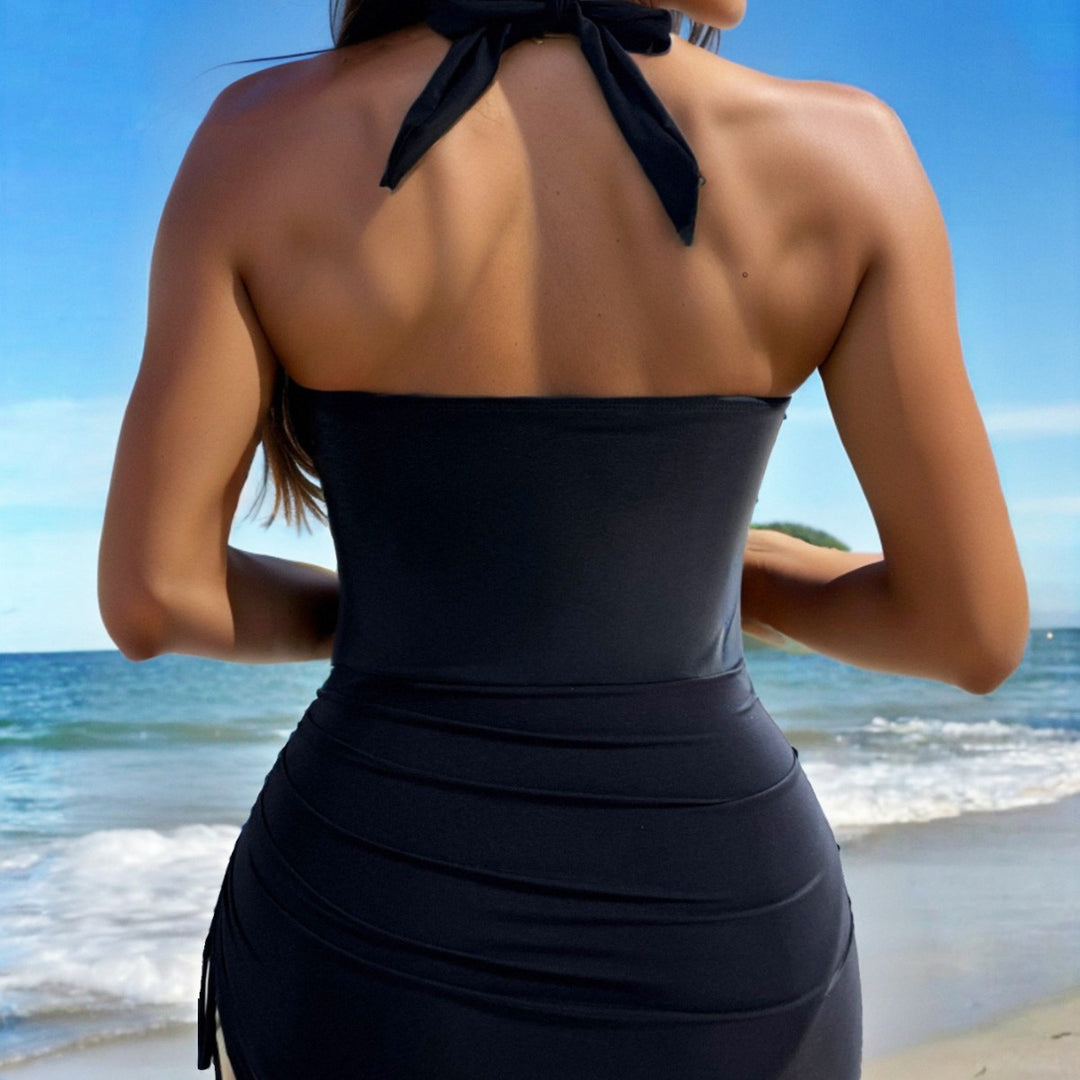 Damen Eleganter Badeanzug mit Wickeldesign und goldenen Akzenten EB