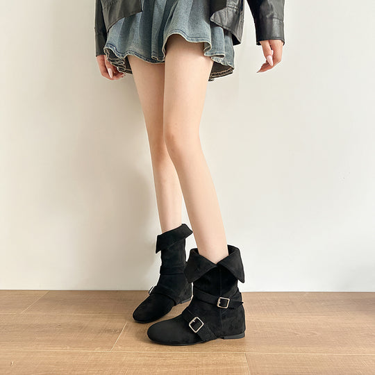 Damen modische Ankle Boots mit trendigem Falten-Design und robustem Plateau-Heel EB
